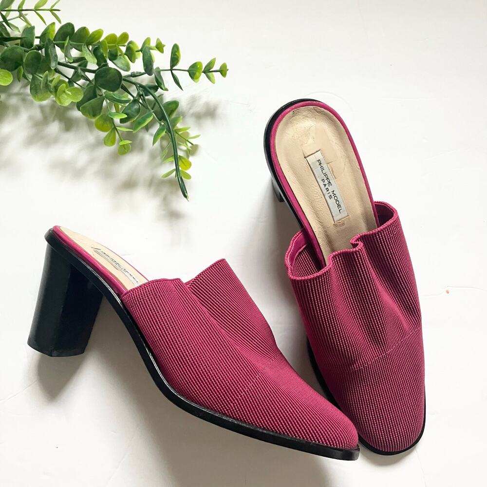 Phillipe Model Vintage Pink Ribbed Knit Mule Chunky Heel Leather Sole